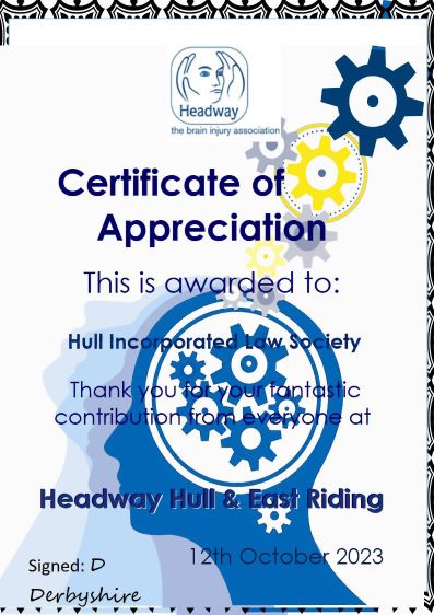 Certificate of Appreciation from Headway, 2023